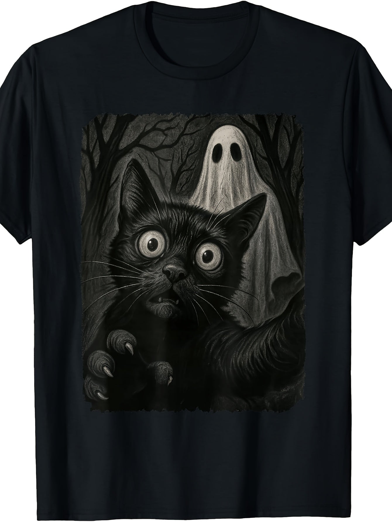 Men'S And Women'S T-Shirt, Halloween Black Cat And Ghost Design, Autumn Holiday Party Wear