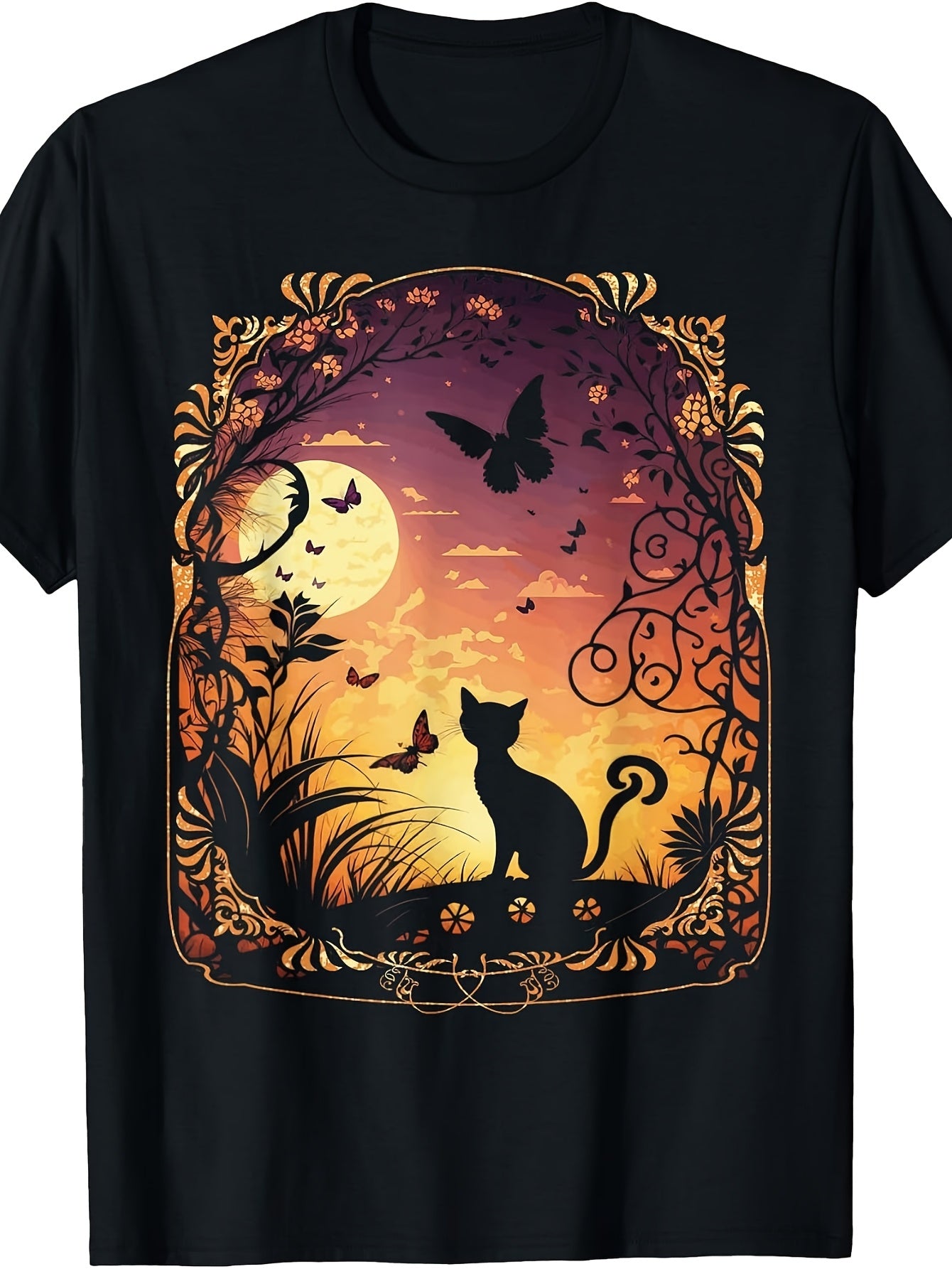 Cottagecore Cat Moon Butterfly Graphic T-Shirt, Vintage Floral Aesthetic Tee for Men Women, Whimsical Nature Lover Casual Top