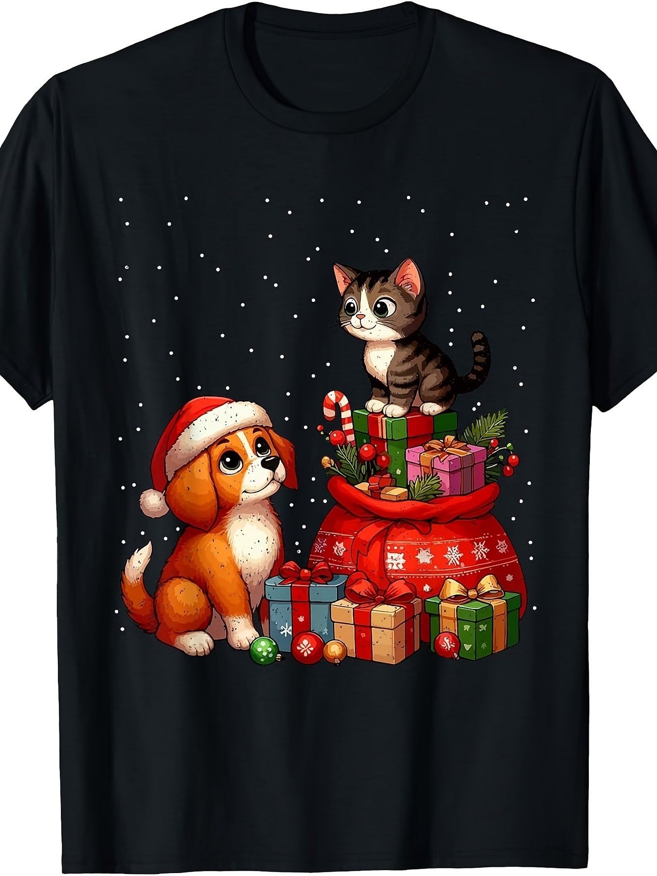 Cute Cartoon Style, Men'S And Women'S T-Shirt, Puppy Wearing Santa Hat And Kitten on Christmas Gift Bag with Presents And Snowflakes, Holiday Season