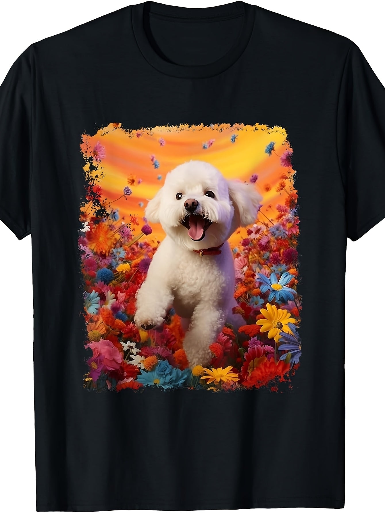 Men's And Women's T-Shirt, Cute White Dog In Colorful Flowers Art, Summer Spring Outdoor Casual Wear