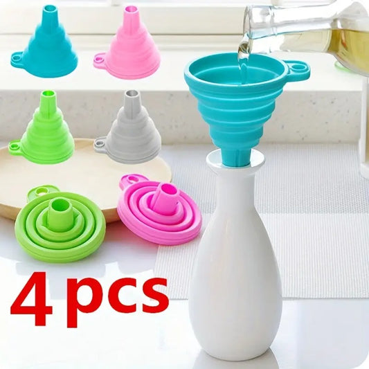 4pcs, Funnel, Mini Funnel, Silicone Collapsible Funnel, Foldable Funnels For Water Liquid Oil, Kitchen Gadgets Accessories, Kitchen Utensils, Apartment Essentials, College Dorm Essentials, Off To College, Ready For School, Kitchen Accessories