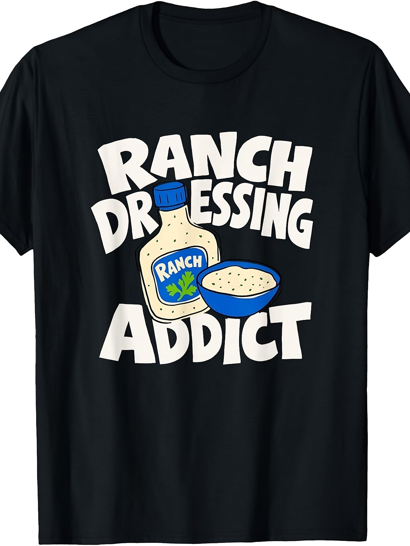 Casual Men'S And Women'S T-Shirt, Ranch Dressing Addict Graphic Tee with Bottle And Bowl Design, Summer Spring Fall Daily Wear Funny Food Lover Gift