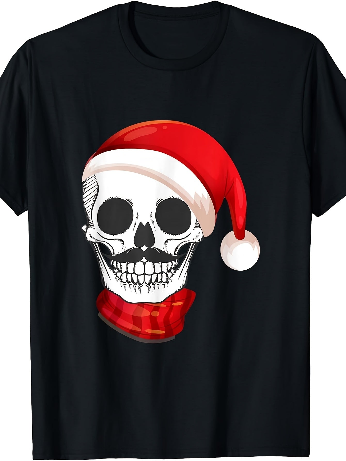 Retro Calavera Skull & Santa Hat T-Shirt - Vintage Day of the Dead, Round Neck Casual Tee Suitable for Christmas, Día De Los Muertos Parties, Machine Washable Apparel