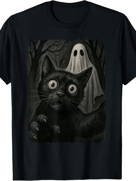 Men'S And Women'S T-Shirt, Halloween Black Cat And Ghost Design, Autumn Holiday Party Wear