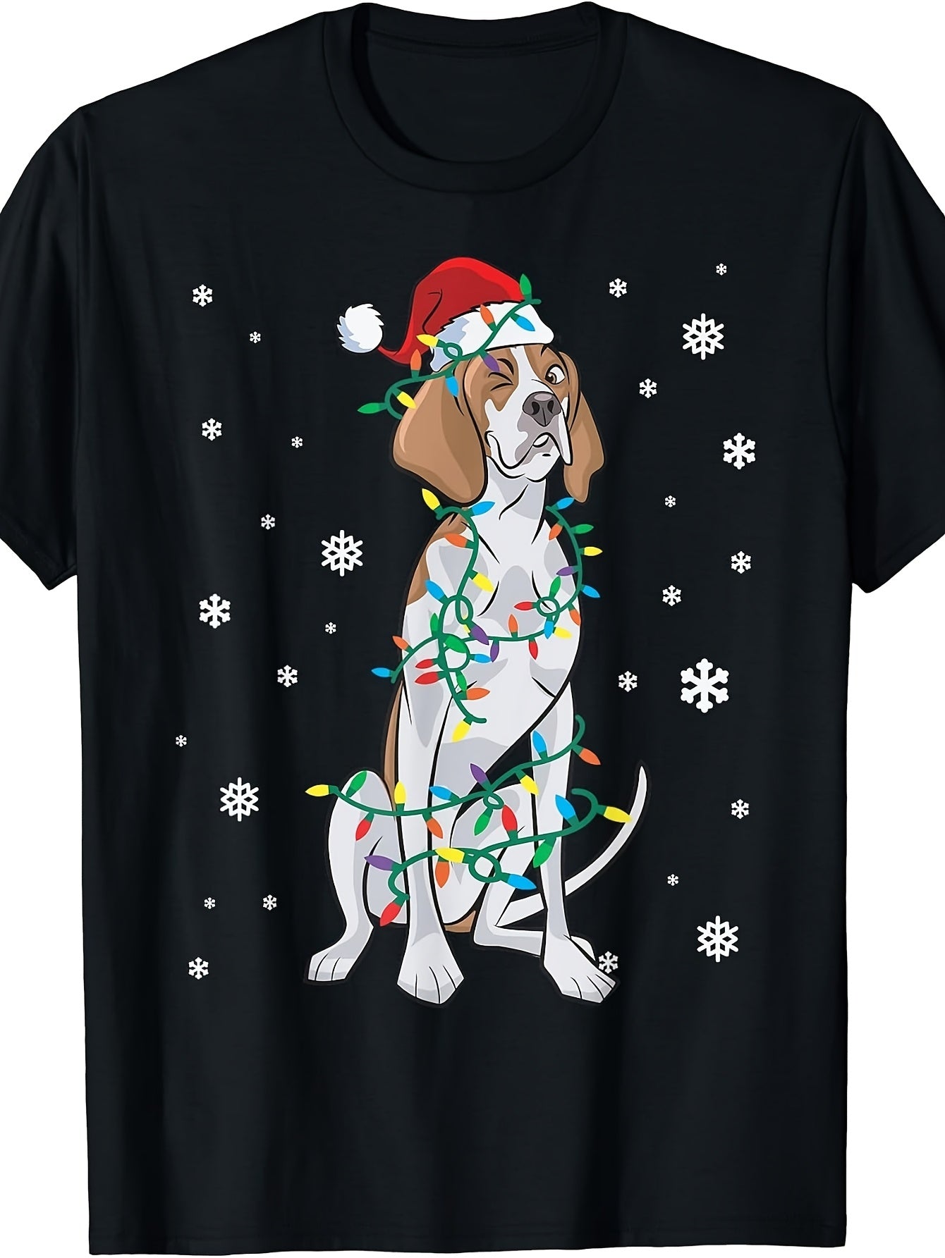 Men's & Women's Funny Beagle Christmas T-Shirt - Retro Beagle with Santa Hat & Lights, Round Neck Regular Fit Holiday Tee, Machine Washable Suitable for Winter Parties, Gifts, Year-Round Casual Wear