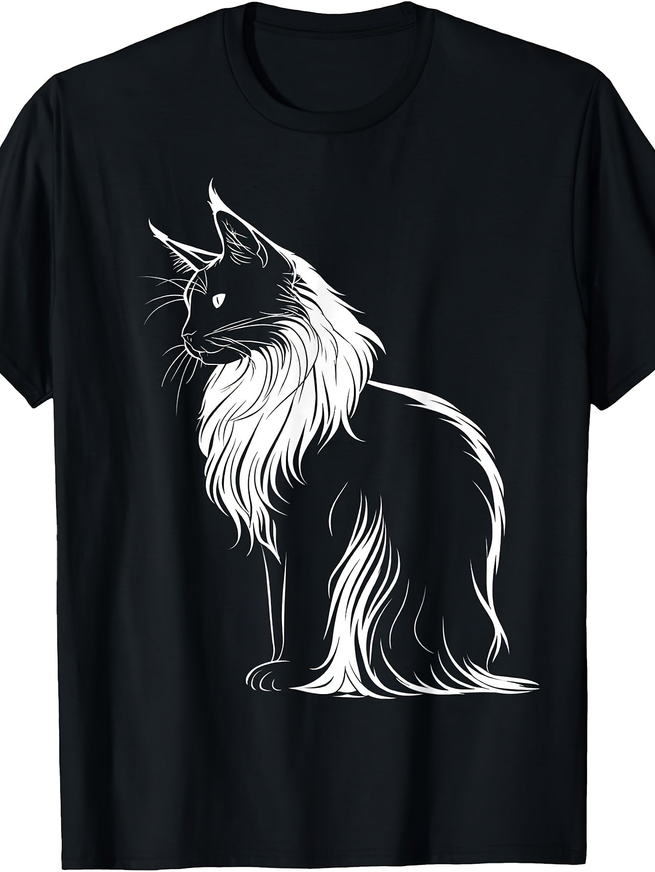 Men'S And Women'S T-Shirt, Long Hair Cat Silhouette Art, Casual Daily Wear Spring Summer Fall