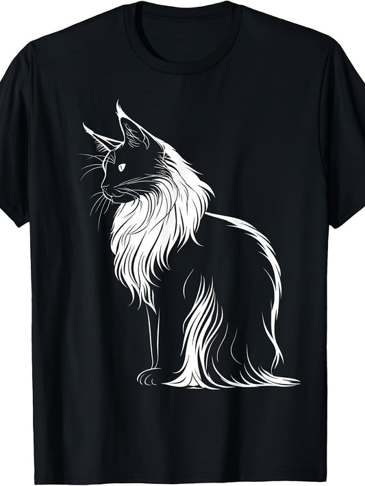 Men'S And Women'S T-Shirt, Long Hair Cat Silhouette Art, Casual Daily Wear Spring Summer Fall
