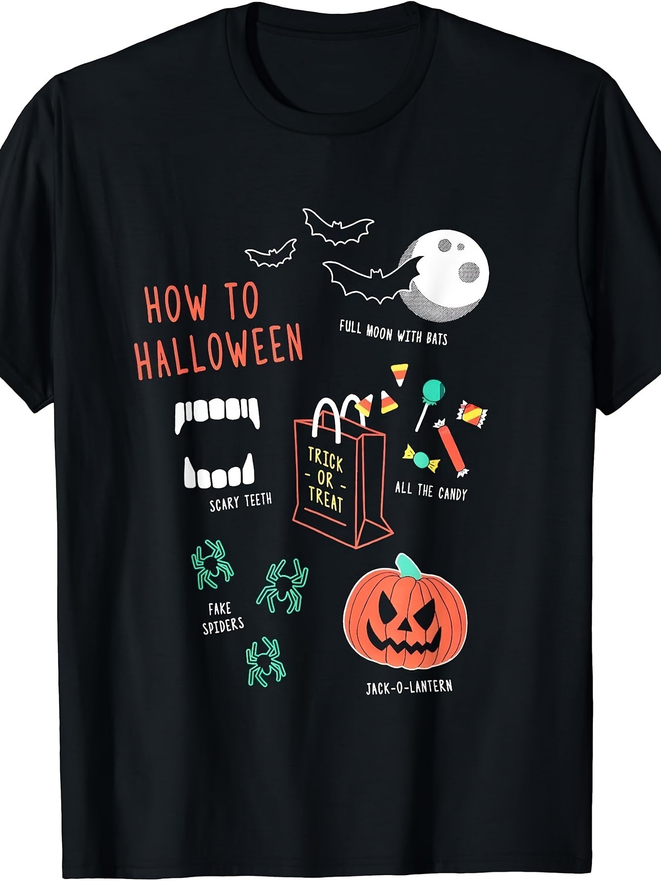 Retro How to Halloween Trick or Treat T-Shirt - Full Moon & Bats, Costume Outfit, Machine Washable Suitable for Year-Round Wear, Spooky Casual Apparel for Themed Events