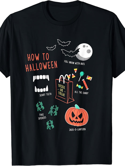 Retro How to Halloween Trick or Treat T-Shirt - Full Moon & Bats, Costume Outfit, Machine Washable Suitable for Year-Round Wear, Spooky Casual Apparel for Themed Events