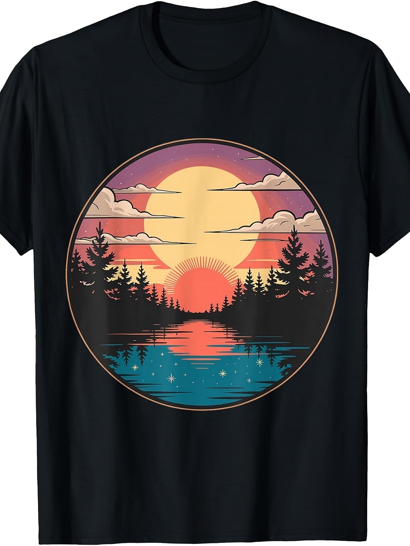 Forest Nature Sunset Adventure Trees Landscape Starry Sky T-Shirt