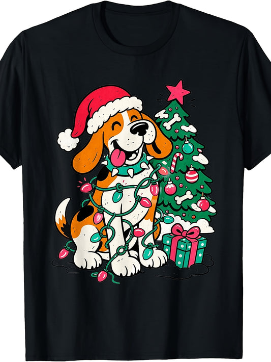 Cartoon, Men'S And Women'S T-Shirt, Funny Beagle Dog Wearing Santa Hat And Christmas Lights with Tree And Gift, Holiday Season