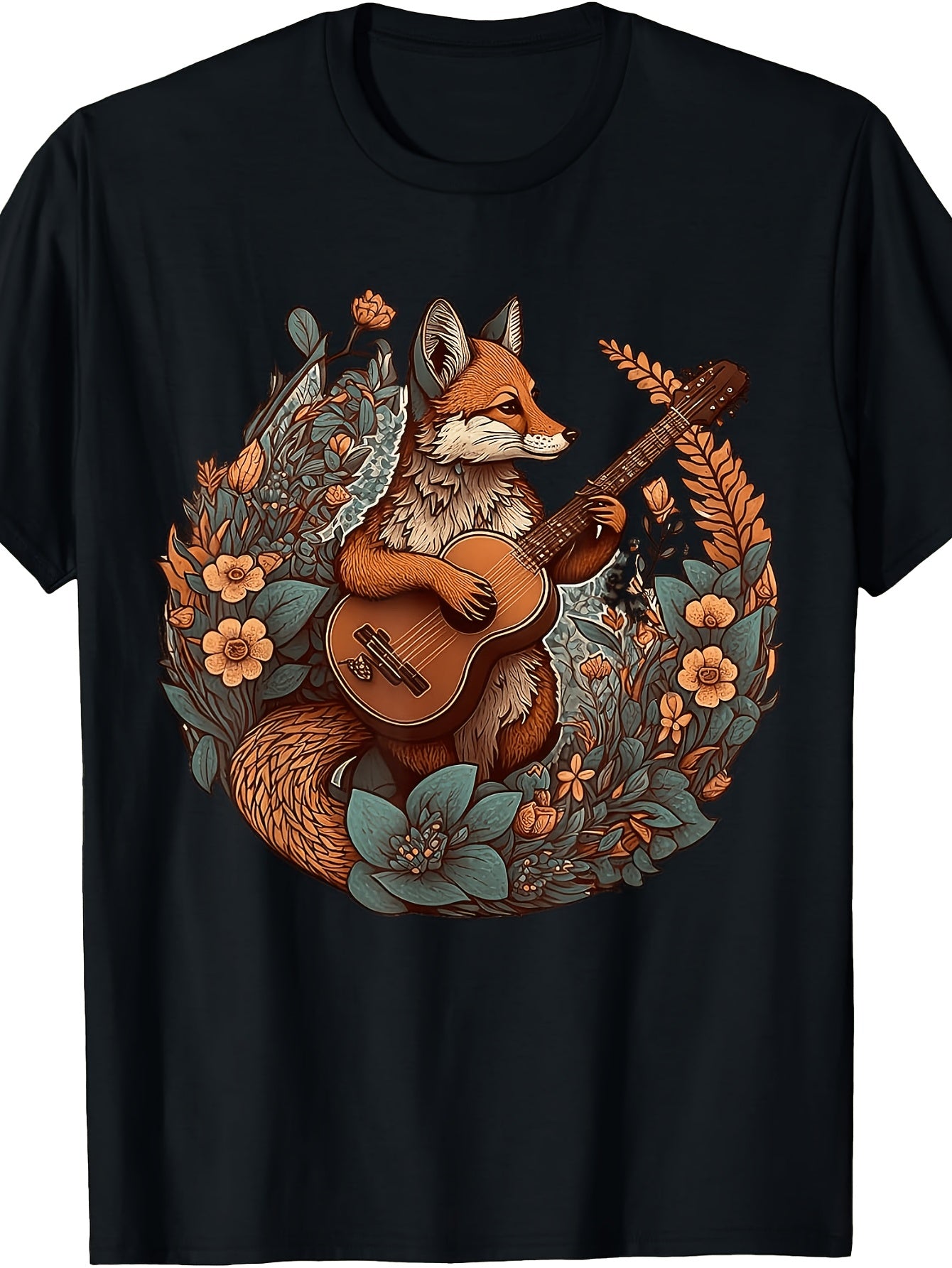 Men's And Women's T-Shirt, Vintage Folk Art Style, Fox Playing Guitar with Floral Wreath Design, Casual Wear Spring Summer