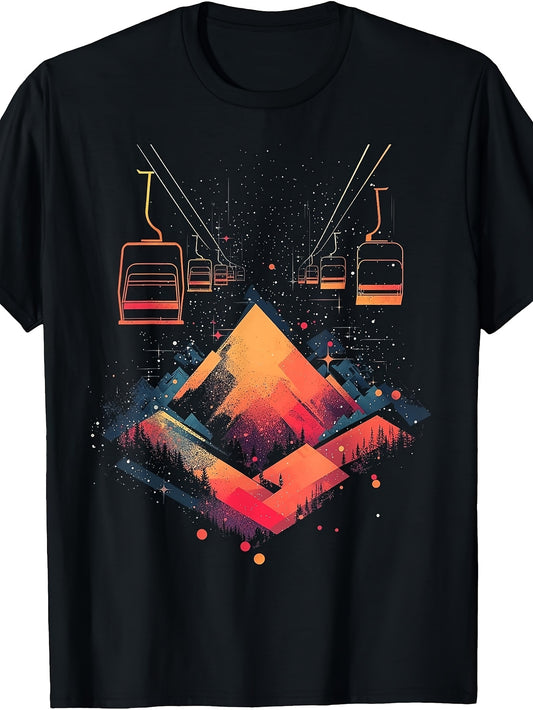 Men's & Women's Retro Vintage Ski Lift T-Shirt - Geometric Mountain Cable Car Graphic, Winter Sports Outdoor Apparel, Machine Washable Suitable for - Wear, Casual Round Neck Tee for Skiing & Snowboarding Activities