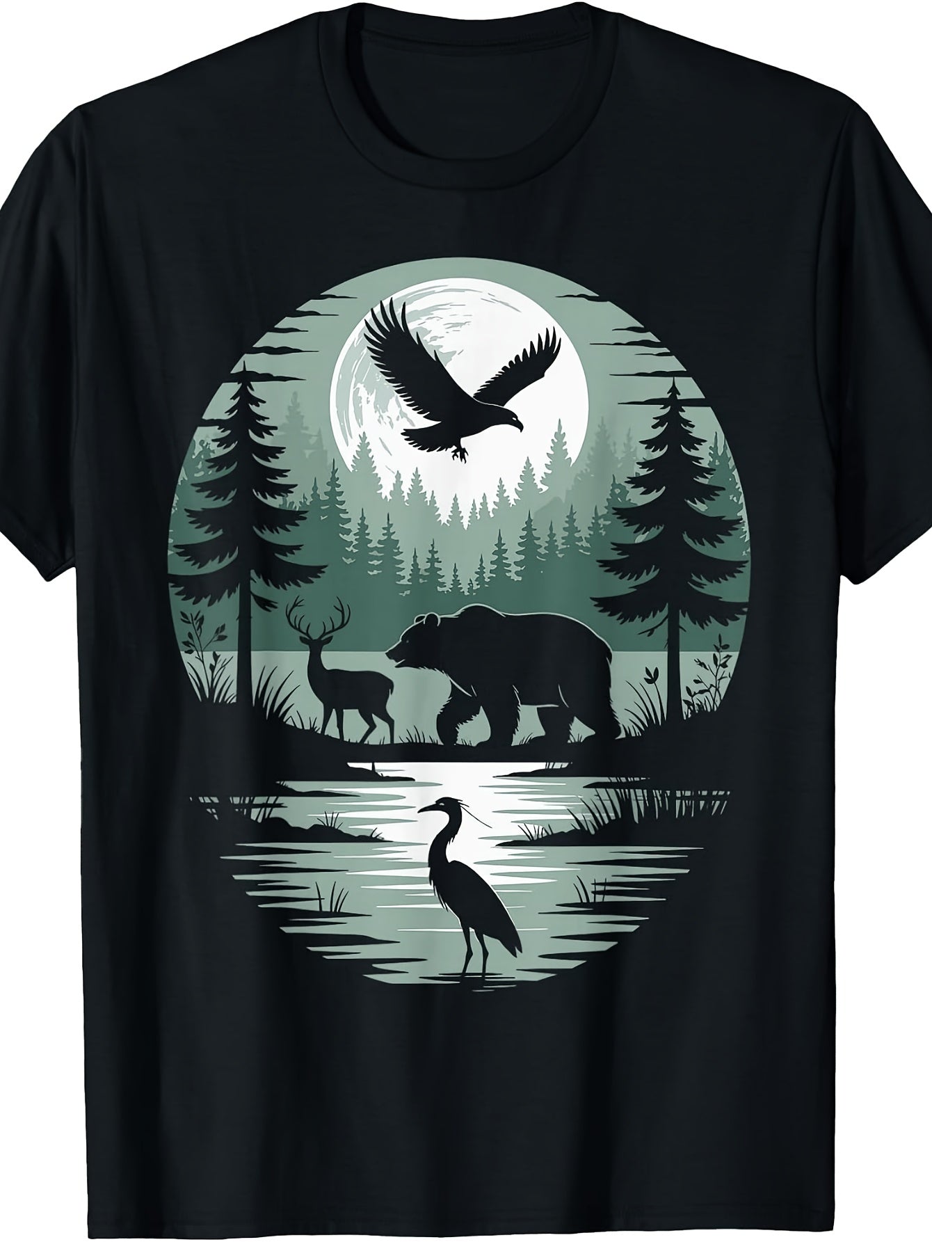 Vintage Style, Men's And Women's T-Shirt, Wildlife Forest Scene with Bear Deer Eagle And Heron Under Moonlight, Outdoor Camping Hiking Summer Spring Fall