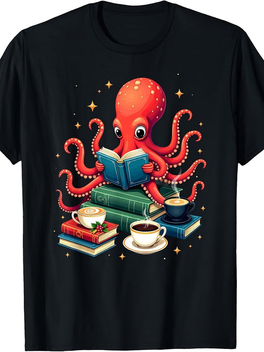 Cute Cartoon Style, Men's And Women's T-Shirt, Red Octopus Reading Book with Coffee Cups And Stacks Of Books Design, Casual Daily Wear Spring Summer Autumn
