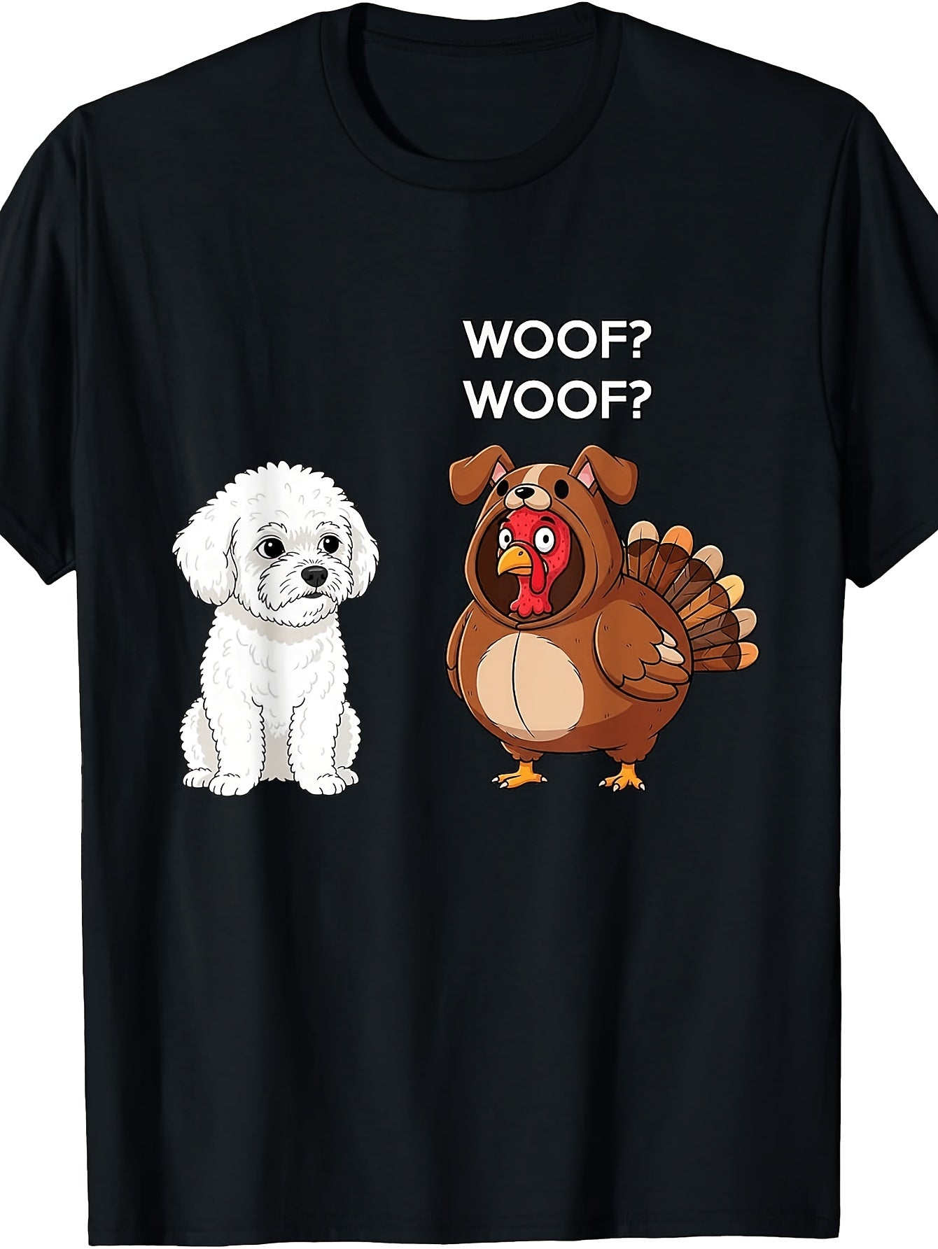 Funny Cartoon Dog And Turkey Costume Woof Woof Graphic, Men'S And Women'S T-Shirt, Cute Animal Halloween Thanksgiving Party Wear, Fall Season